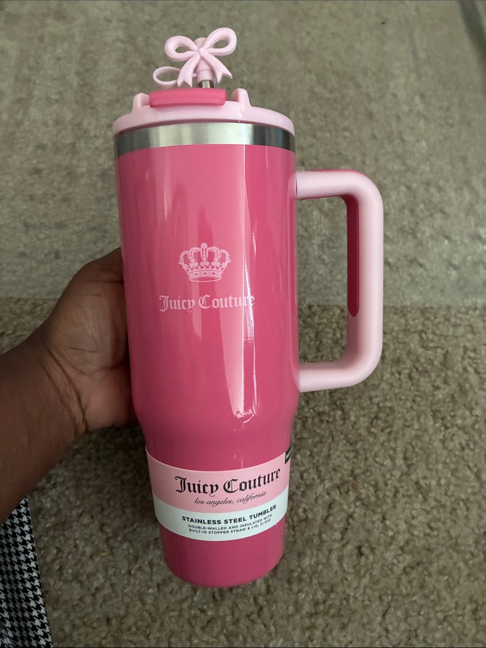 Juicy Couture Hot Pink Travel Tumbler with Light Pink Handle